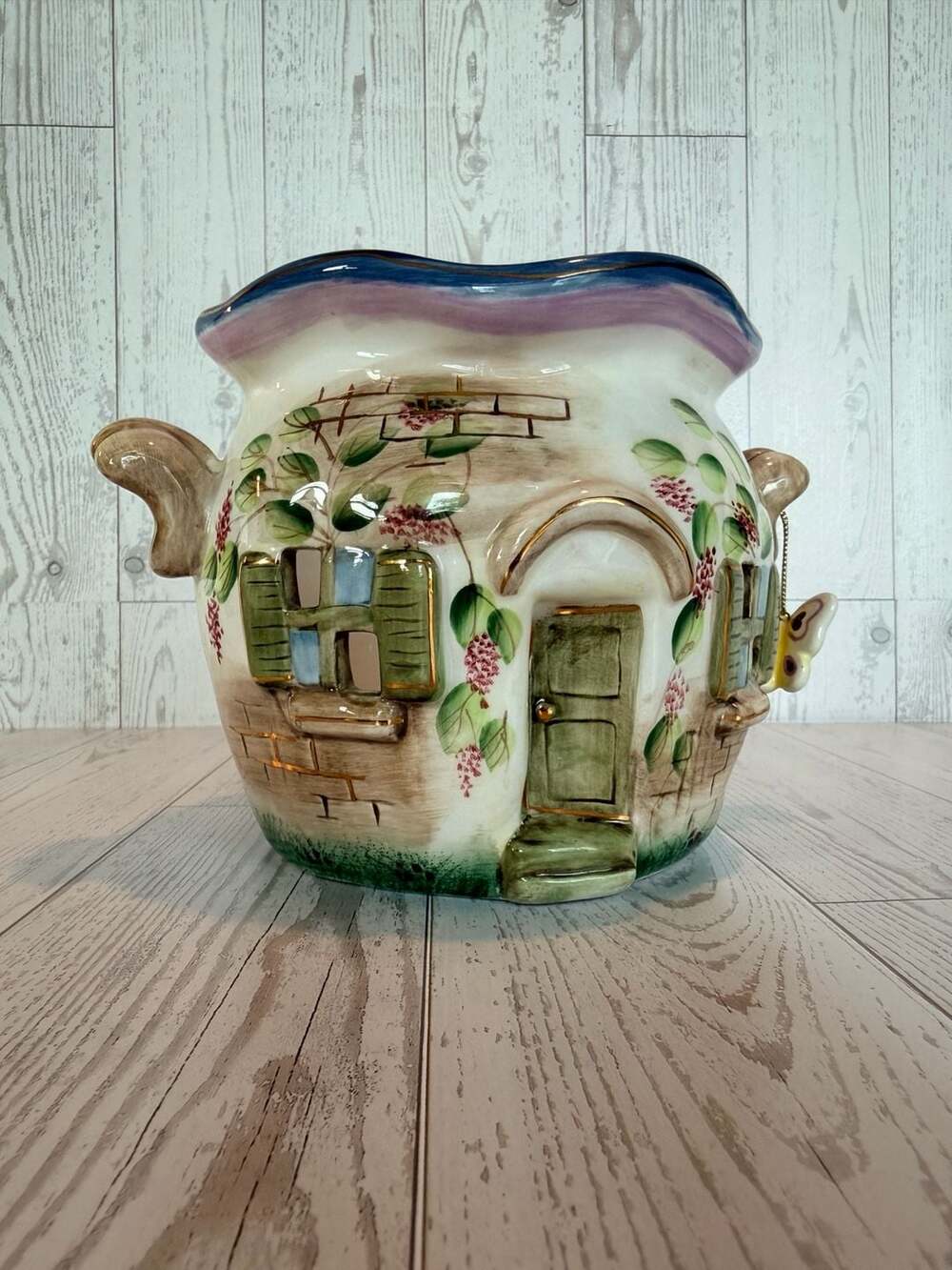 Home Interiors Cottage Ceramic Candle Holder With Dangling Butterfly